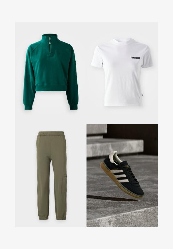 Korte sweatshirt in donkergroen, met een halve ritssluiting, geribbelde manchetten en een zachte textuur. Geborduurd logo op de borst.; Witte T-shirt met korte mouwen van katoen, met een ronde hals en zwart "DICKIES" logo op de linkerkant van de borst. Gladde textuur en aansluitend ontwerp.; Olijf groene joggerbroeken met een elastische tailleband, taps toelopende boorden en een zijvak met rits. Zacht, rekbaar stof.; Zwarte suède sneaker met witte strepen en goud logo, voorzien van een gestructureerde gum rubberen zool en een contrasterende crème hielkap.