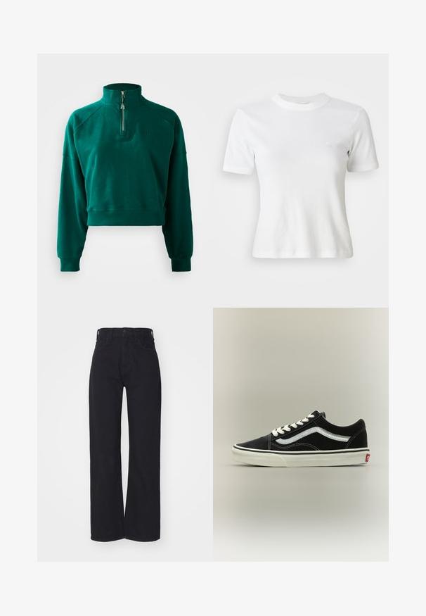 Korte sweatshirt in donkergroen, met een halve ritssluiting, geribbelde manchetten en een zachte textuur. Geborduurd logo op de borst.; Witte gestreepte t-shirt met korte mouwen, een ronde halslijn en een klein logo op de borst. Gemaakt van zachte stof met een getailleerd ontwerp.; Zwarte hoge taille wijdlopende jeans met een sluiting aan de voorkant met knoop en rits, ceintuurlussen en twee voorzakken op een witte achtergrond.; Zwarte lage sneaker met witte veters, witte zijstreep en witte zool met rode branding op de hak, getoond in zijaanzicht op een neutrale achtergrond.