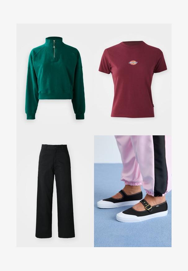 Korte sweatshirt in donkergroen, met een halve ritssluiting, geribbelde manchetten en een zachte textuur. Geborduurd logo op de borst.; Bordeauxkleurig T-shirt met korte mouwen, gemaakt van katoen, met een ronde hals en een klein multicolore 'Dickies' logo op de borst.; Zwarte wijde broek met een vlakke voorkant, knoopsluiting en riemlussen. Gemaakt van stevige stof met een gladde textuur.; Zwarte canvas schoenen met een witte zool, met een uitgesneden ontwerp en een gouden gespband. Draagt met roze joggingsbroek.