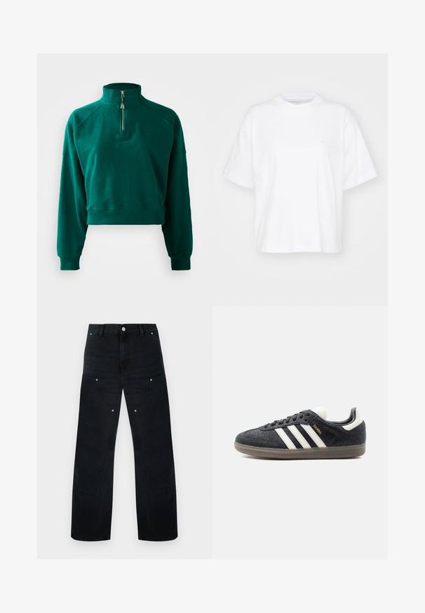 Kort sweatshirt i mørkegrøn med halvlukket krave, ribbet manchetter og blød tekstur. Broderet logo på brystet.; Hvid bomulds t-shirt med rund hals, korte ærmer og en afslappet pasform. Har et diskret logo på venstre brystområde. Glat tekstur.; Sorte denimvide bukser med høj talje, med afdæmpede syninger, to forlommer og metalhardware-detaljer.; Sort Adidas Samba sneaker med hvide striber, gumisål og guldfarvet "Samba" tekst på siden, vist fra venstre profil på ensfarvet baggrund.