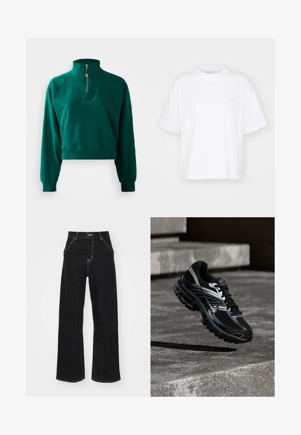 Korte sweatshirt in donkergroen, met een halve ritssluiting, geribbelde manchetten en een zachte textuur. Geborduurd logo op de borst.; Witte katoenen t-shirt met een ronde hals, korte mouwen en een ontspannen pasvorm. Heeft een subtiel logo op het linkerborstgedeelte. Zachte textuur.; Zwart wijde jeans gemaakt van denim. Voorzien van contrasterende witte stiksels, voorkanten zakken en een knoopsluiting in de taille.; Zwart-zilveren Nike hardloopschoen zwevend boven betonnen trappen, met een gedetailleerd ontwerp en een getextureerde zool in een buitenomgeving.