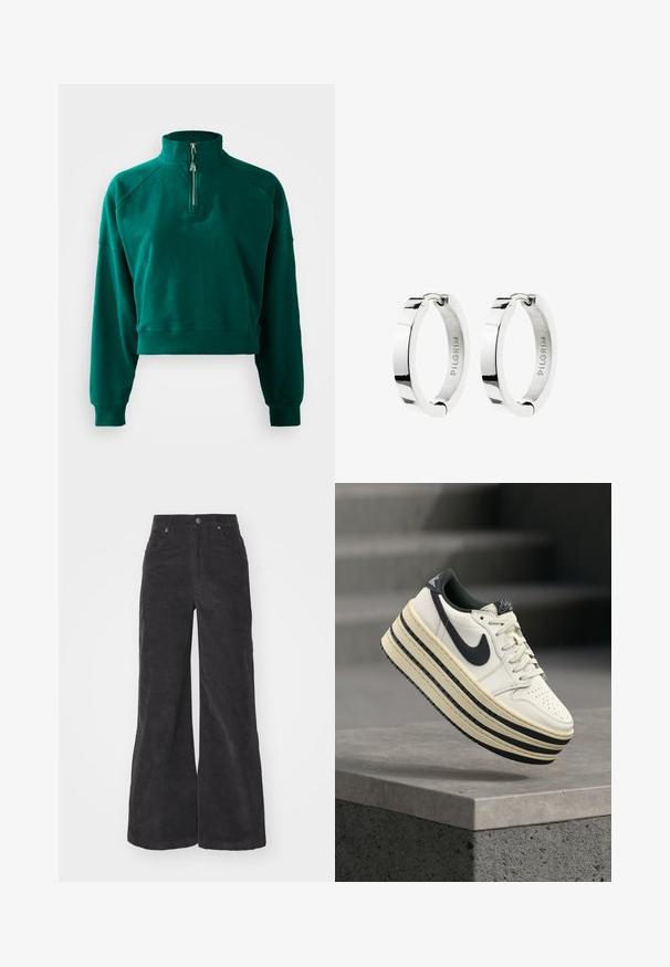Sudadera corta en verde oscuro, con un cuello de media cremallera, puños acanalados y una textura suave. Logo bordado en el pecho.; Pantalones de pana anchos en negro con cintura alta, bolsillos delanteros y cierre de botón. La tela presenta una superficie suave y texturizada.; Zapatillas de plataforma Nike con parte superior de cuero crema, detalles en negro, suela en capas y puntera perforada para ventilación.; Par de pendientes de aro de plata pulida con cierre de bisagra, grabados con el nombre de la marca "PILGRIM" por dentro.
