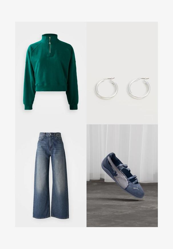 Korte sweatshirt in donkergroen, met een halve ritssluiting, geribbelde manchetten en een zachte textuur. Geborduurd logo op de borst.; Blauwe high-waisted wide-leg jeans met een sluiting aan de voorkant en zakken, vervaagde textuur op de bovenbenen en een rechte zoom.; Blauwe en grijze Puma platte schoen met drie elastische bandjes, een gestructureerd zijpaneel en een wit Puma-logo, zwevend boven een betonnen vloer.; Een paar middelgrote glanzende zilveren oorringen met dunne metalen sluitingen op een lichte neutrale achtergrond.