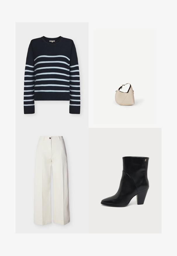 Pull en maille bleu marine avec des rayures horizontales bleu clair sur le corps et les manches, col rond, poignets et ourlet côtelés.; Pantalon crème taille haute à jambes larges, avec passants de ceinture, fermeture à bouton unique et zip, présenté à plat sur un fond uni.; Bottine en cuir noir à bout pointu, talon carré et petit logo doré près du bord supérieur sur le côté extérieur.; Sac à main en cuir beige en forme de croissant avec une seule bandoulière et des coutures minimalistes, posé sur un fond blanc uni.