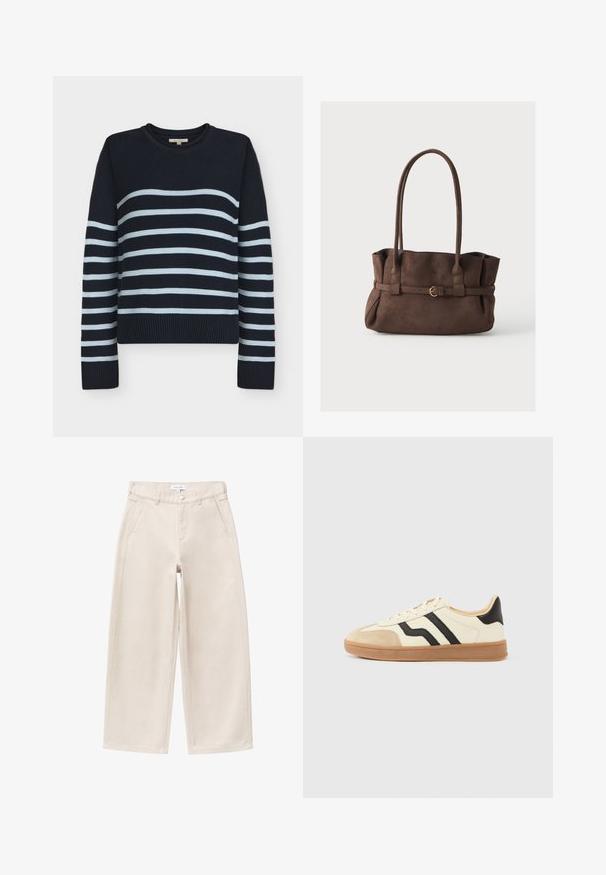 Pull en maille bleu marine avec des rayures horizontales bleu clair sur le corps et les manches, col rond, poignets et ourlet côtelés.; Pantalon beige à jambes larges avec poches avant, passants pour ceinture et fermeture par bouton, présenté à plat sur un fond blanc.; Baskets à lacets avec une tige crème ornée de rayures noires et un bout en daim, complétées par une semelle en caoutchouc marron.; Sac à main en daim marron avec deux longues anses et une fine ceinture décorative avec une petite boucle dorée à l'avant.