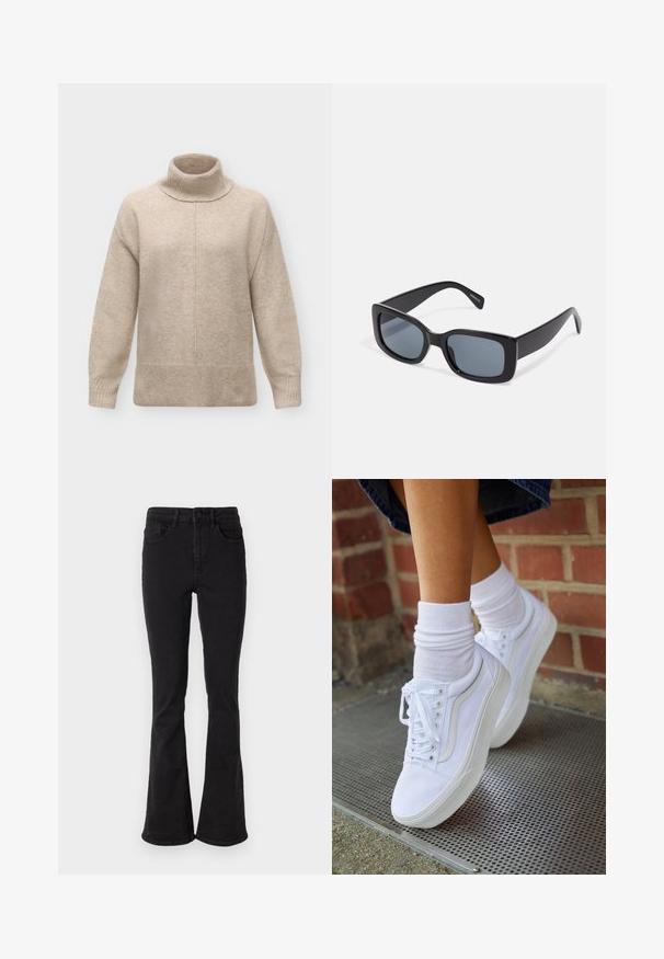 Beige uld rullekrave trøje med lange ærmer, ribstrikkede manchetter og kant samt en central søm, der løber lodret ned foran.; Sorte denim flare jeans med høj talje, der har fem lommer og en robust knaplukning. Glat tekstur med let stræk.; Hvide lærreds sneakers med gummisåler, der har seks snørehuller, rund tå og let sømdetaljer, krydret med hvide ankelstrømper.; Sorte rektangulære solbriller med mørkt tonede linser, tyk plastramme og brede stænger. Glat overflade og kantet design.