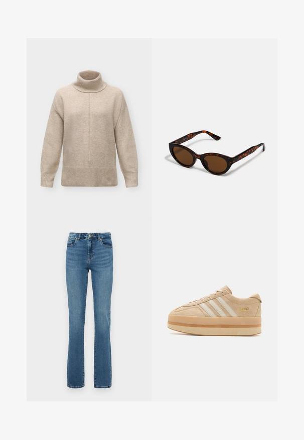 Beige wollen coltrui met lange mouwen, geribde boorden en zoom, en een centrale naad die verticaal over de voorkant loopt.; Blauwe high-waisted straight-leg jeans met een knoop en rits aan de voorkant, vijf-pocket ontwerp en subtiele vervaging op de dijen en knieën.; Beige suede platform sneakers met witte drie stroken, ronde neus en beige rubberen zool met een gouden logo-accent aan de zijkant.; Bruine schildpad zonnebril met een vintage cat-eye vorm en bruine lenzen. Heeft gebogen armen met rode accenten.