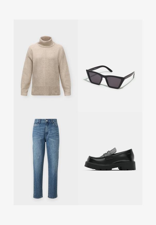 Pull col roulé en laine beige avec manches longues, poignets et ourlet côtelés, et une couture centrale verticale sur le devant.; Jean en denim bleu avec une coupe droite, cinq poches et une fermeture à bouton sur le devant. Teinte claire avec un léger délavage et une surface texturée.; Mocassins en cuir noir avec une semelle épaisse et texturée, dotés d'une sangle sur le vamp et d'une finition lisse et polie.; Lunettes noires angulaires avec des verres gris ; fabriquées en plastique, avec des branches épaisses à la surface lisse et sans matériel visible.