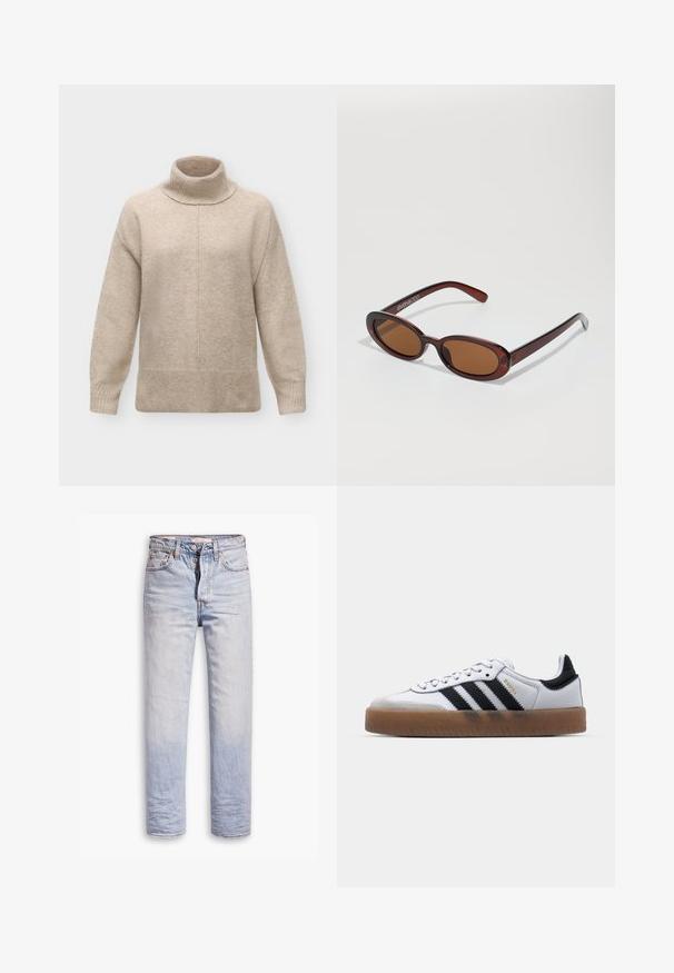 Pull col roulé en laine beige avec manches longues, poignets et ourlet côtelés, et une couture centrale verticale sur le devant.; Jean en denim bleu clair avec une coupe droite, dotés d'une fermeture à boutons, de cinq poches et d'un léger délavage sur les jambes.; Baskets en cuir blanc avec des rayures noires, semelle extérieure en caoutchouc beige, bout rond, fermeture lacée et embout en suède gris doux.; Lunettes de soleil rondes teinte brun avec une monture bordeaux brillante. Branches fines avec un détail de marque subtil. Design de verres plats.