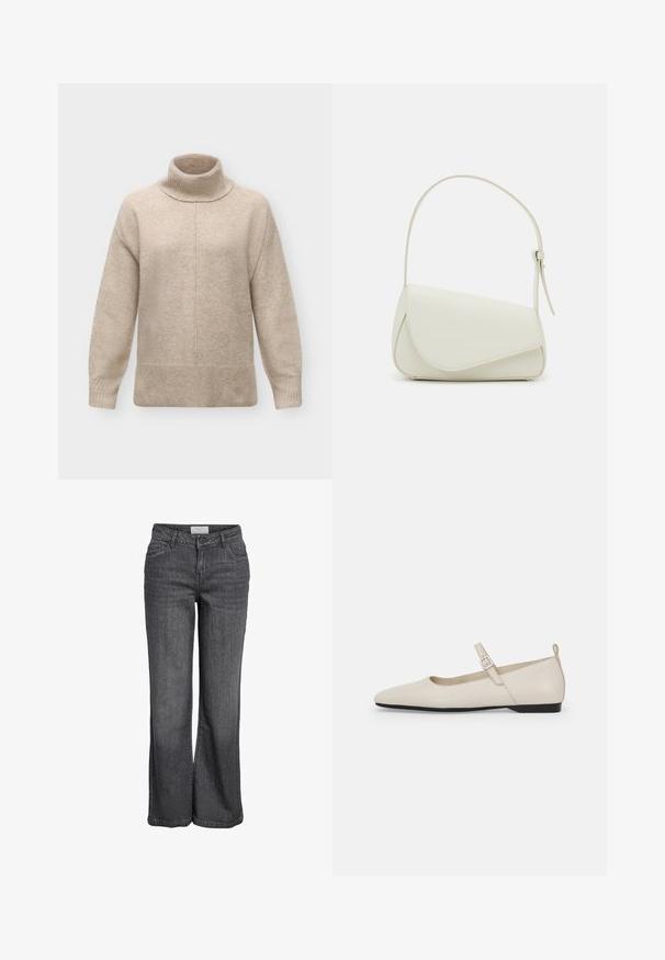 Beige uld rullekrave trøje med lange ærmer, ribstrikkede manchetter og kant samt en central søm, der løber lodret ned foran.; Bredde ben jeans i mørkegrå denim. Har høj talje, traditionelt fem-lomme design og en ren kanten uden udsmykning.; Hvide ballerinasko i læder med spids tå, ankelsnor og lav sort hæl. Glat tekstur med minimale detaljer.; Hvid taske i faux læder med en struktureret trekantet form, enkelt justerbart skulderstrop og en flaplås med kurver.