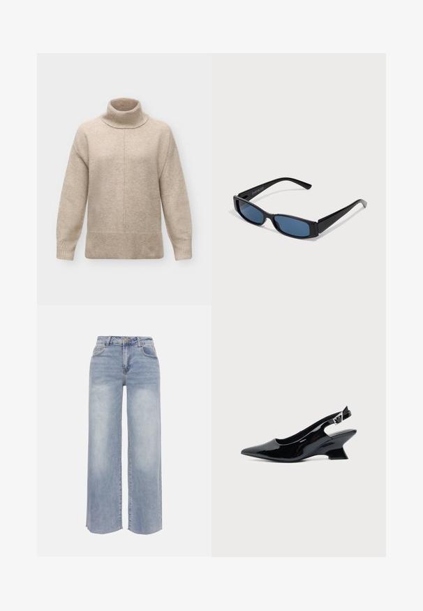 Beigefarbener Woll-Rollkragenpullover mit langen Ärmeln, gerippten Bündchen und Saum sowie einer zentralen Naht, die vertikal vorne verläuft.; Hellblaue Wide-Leg-Jeans aus Denim mit Fronttaschen, Gürtelschlaufen, Knopfverschluss und verblassten Details an Oberschenkeln und Knien.; Schwarzer Slingback-Schuh aus Lackleder mit spitzer Spitze und niedrigem, schrägem Blockabsatz auf einfachem hellem Hintergrund.; Schwarze Sonnenbrille mit einem eleganten rechteckigen Rahmen und blauen Gläsern. Besitzt eine glatte Oberfläche und robuste Scharniere. Markenlogo an der Seite.