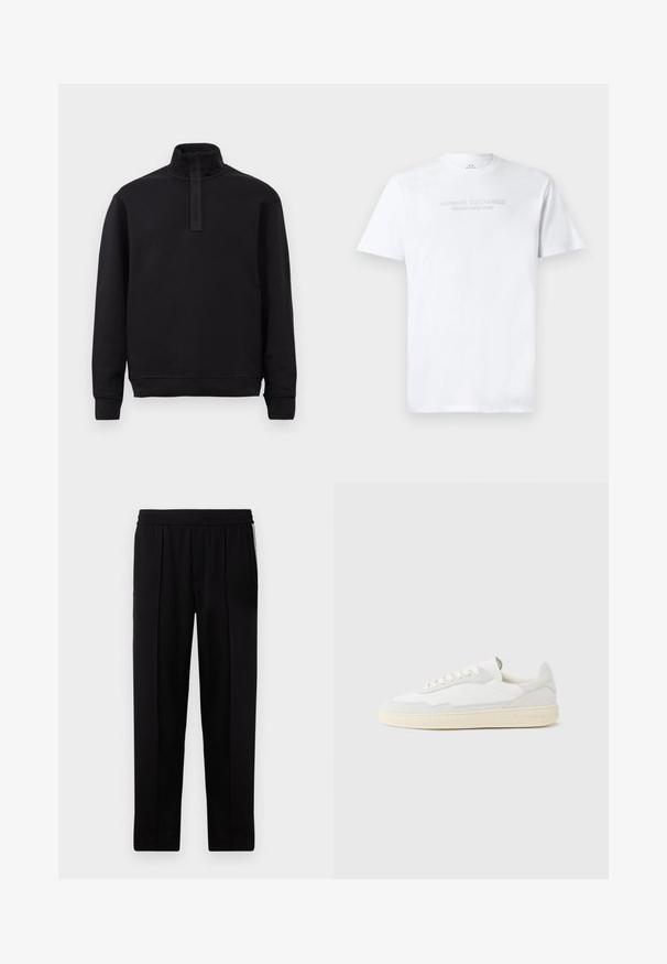Sort langærmet pullover med høj krave og frontlynlås, lagt fladt på en lys baggrund.; Hvid bomulds T-shirt med rund halsudskæring, korte ærmer og prægede "ARMANI EXCHANGE MILANO/NEW YORK" logo på fronten.; Sorte skræddersyede bukser med en glat tekstur, elastisk talje og to sidelommer. Har et elegant, lige ben design.; Hvid sneakers med en øvre del i tekstureret ruskind og læder. Har rundet tå, snørelukning og kontrasterende beige gummisål.
