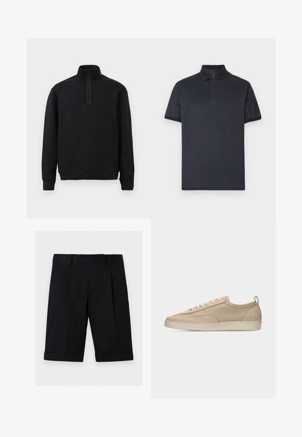 Sort langærmet pullover med høj krave og frontlynlås, lagt fladt på en lys baggrund.; Marineblå poloshirt lavet af blød bomuld. Har en klassisk krave, korte ærmer og et diskret logo på brystet.; Sorte skræddersyede shorts til knæet med knappet talje, bæltestropper og opsmøgede kanter på en ensartet lys baggrund.; Beige lavtop sneakers med overdel i stof og ruskind, hvide snørebånd, gummisål og hælstrækkehank, vist i sideprofil på hvid baggrund.