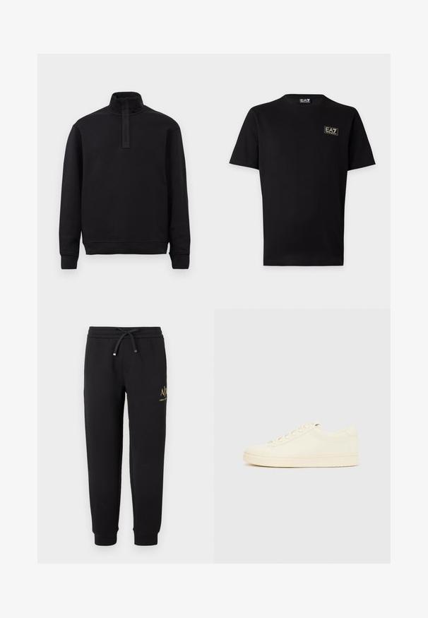 Schwarzer langärmeliger Pullover mit hohem Kragen und Frontreißverschluss, flach auf hellem Untergrund liegend.; Schwarzes T-Shirt mit kurzen Ärmeln und kleinem EA7 Emporio Armani Logo-Patch auf der linken Brust sowie passendem Nackenetikett.; Schwarze Jogginghose mit elastischem Bund und Kordelzug, umgeschlagene Knöchel und kleines goldenes "A|X Armani Exchange"-Logo am rechten Oberschenkel.; Cremefarbener Sneaker mit glattem Lederoberteil, abgerundeter Zehenpartie, Schnürung vorne und strukturierter Gummisohle. Minimalistisches Design, ohne Logos.