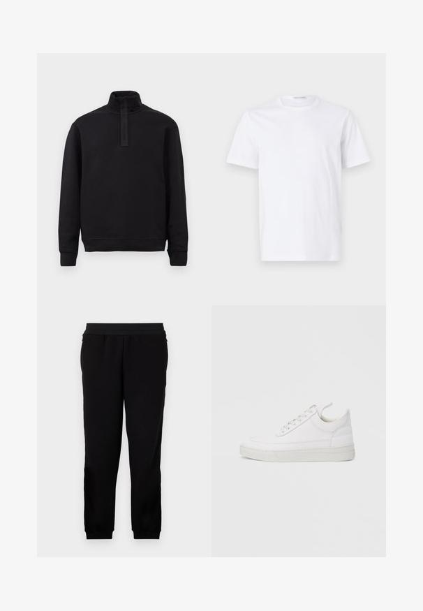 Sort langærmet pullover med høj krave og frontlynlås, lagt fladt på en lys baggrund.; Hvid bomulds t-shirt med rund halsudskæring og korte ærmer. Glat tekstur, lige snit og minimalistisk design uden mønstre eller accenter.; Sorte sweatpants lavet af et blødt materiale, med et elastisk liv, tætsiddende manchetter og sidelommer for ekstra bekvemmelighed.; Hvid lædersneaker med rundet tå, flad sål og snørebånd foran. Har syningsdetaljer og polstret krave for komfort.