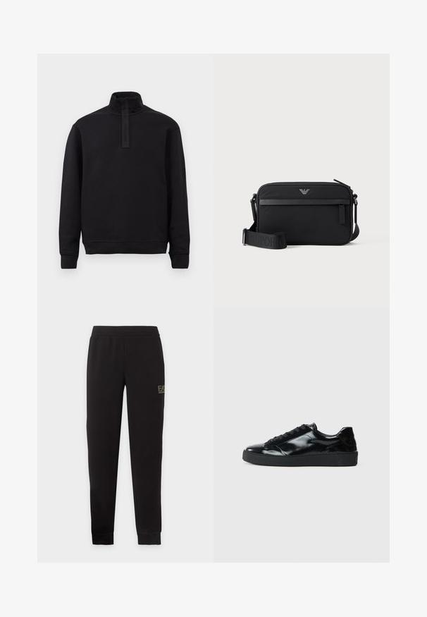 Pull noir à manches longues avec col haut et fermeture éclair à l'avant, posé à plat sur un fond clair.; Pantalon de survêtement noir fuselé avec taille et poignets élastiques, avec un petit logo EA7 Emporio Armani sur la partie supérieure de la cuisse droite.; Baskets en cuir verni noir avec un bout arrondi, un laçage, une semelle en caoutchouc texturé et une finition lisse.; Sac bandoulière rectangulaire noir avec poche avant zippée, sangle réglable et petit logo métallique en haut au centre.
