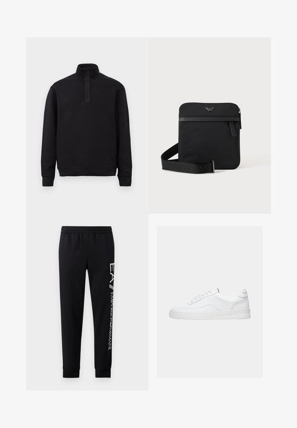 Sort langærmet pullover med høj krave og frontlynlås, lagt fladt på en lys baggrund.; Sorte sweatpants lavet af en bomuldsblanding, med elastisk talje, smalle ben, ribbede manchetter og hvidt logo print langs siden.; Hvid lavt sneaker med snørelukning, glat læderoverdel og tyk sål, vist fra siden på en ensfarvet baggrund.; Sort firkantet skuldertaske med lynlås, frontlomme og justerbar rem med præget brandnavn.