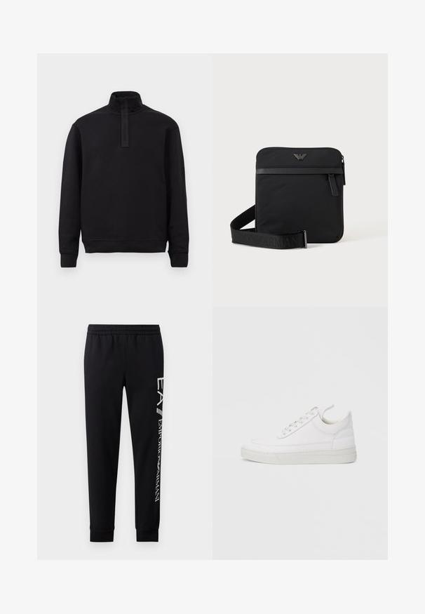 Pull noir à manches longues avec col haut et fermeture éclair à l'avant, posé à plat sur un fond clair.; Pantalons de survêtement noirs en mélange de coton, dotés d'une taille élastique, de jambes fuselées, de poignets côtelés et d'un imprimé logo blanc sur le côté.; Baskets en cuir blanc avec un embout arrondi, une semelle plate et un laçage à l'avant. Présentent des détails de couture et un col rembourré pour plus de confort.; Sac bandoulière carré noir avec fermeture éclair, poche avant et sangle réglable avec nom de marque embossé.