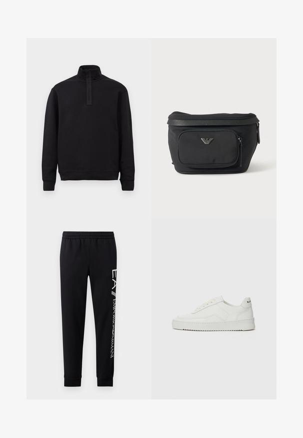 Zwarte trui met lange mouwen, hoge kraag en rits aan de voorkant, plat gelegd op een lichte achtergrond.; Zwarte sweatpants van een katoenmix, met een elastische tailleband, taps toelopende benen, ribgebreide boorden en een wit logo-opdruk langs de zijkant.; Witte leren sneaker met een gladde afwerking, ronde neus, platte veters en een gestructureerde zool. Kenmerkt zich door een subtiel logo op de hiel.; Zwarte heuptas met voorvak met rits en zilveren adelaarlogo, gladde stof met gestructureerde afwerking en ritstrekker.