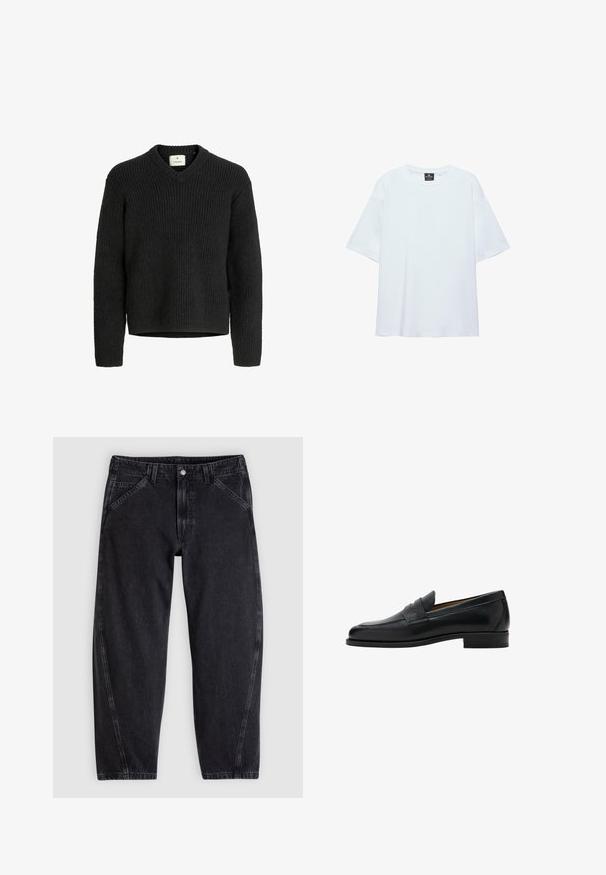 Zwarte gebreide trui met een V-hals, ribbelstructuur, lange mouwen en een rechte zoom. Gemaakt van een zachte, dikke stof.; Effen witte oversized T-shirt met korte mouwen, ronde halslijn en een zwart label aan de binnenkant van de kraag, op een witte achtergrond.; Zwarte spijkerbroek met een losse pasvorm, voorzien van een standaard tailleband, ontwerp met vijf zakken en contrasterende stiksels langs de naden.; Zwarte leren penny loafer met lage hak, afgeronde neus en een band over het bovenste deel van de schoen.