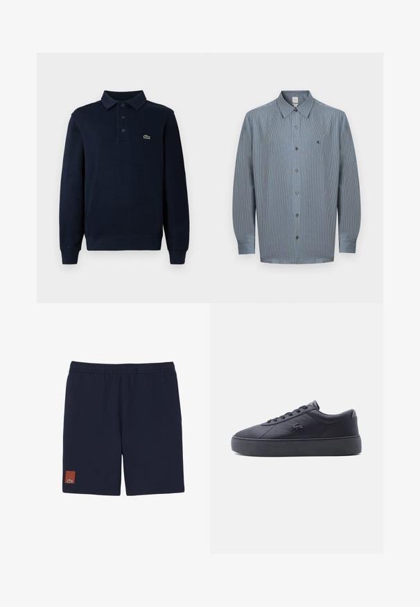 Camisa polo de manga larga azul marino con tapeta de botones y pequeño logo de cocodrilo verde en el pecho.; Camisa de hombre de manga larga con botones en azul, con un sutil patrón de cuadros y un pequeño logo bordado "ck" en el pecho.; Pantalones cortos con cintura elástica azul marino con un pequeño parche marrón y un logo de cocodrilo verde cerca del borde inferior de la pierna izquierda.; Zapatilla negra de piel de perfil bajo con suela gruesa, cierre de cordones y logo de cocodrilo en el costado, vista desde el lado exterior.