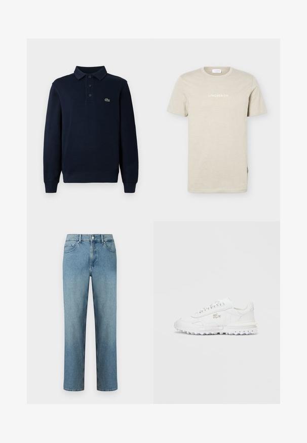 Camisa polo de manga larga azul marino con tapeta de botones y pequeño logo de cocodrilo verde en el pecho.; Camiseta beige de manga corta con cuello redondo con "LINDBERGH" impreso en blanco centrado en el pecho sobre un fondo liso.; Vaqueros de mezclilla azul claro con corte recto, diseño de cinco bolsillos y cierre de botón en la cintura. Detalles cosidos a lo largo de las costuras.; Zapatilla blanca de caña baja con suela texturizada, cierre de cordones en el frente y logo plateado de cocodrilo en el lateral sobre un fondo gris liso.