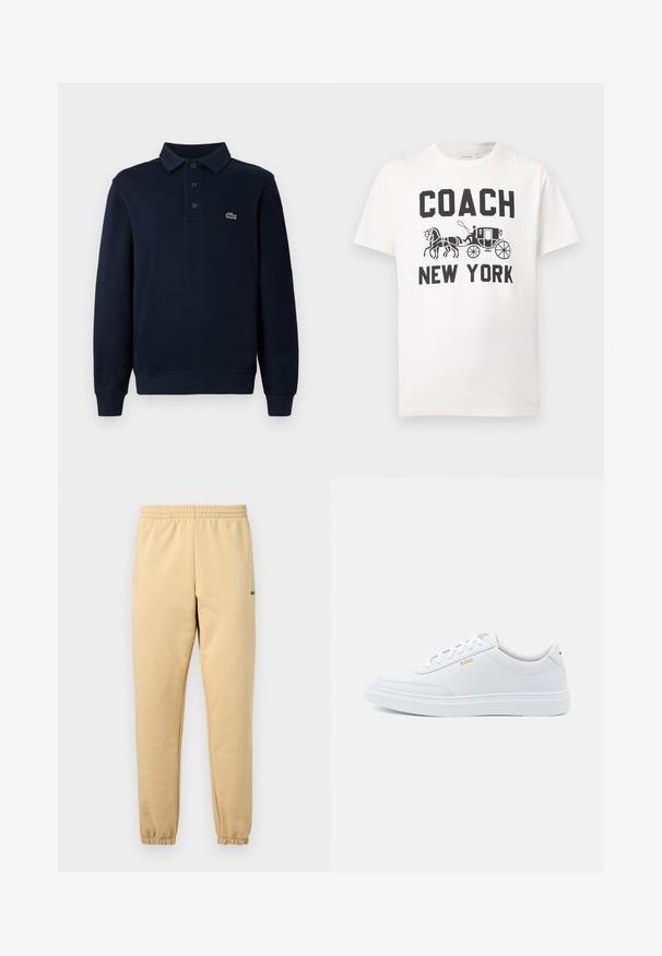 Navyblaues Langarm-Polohemd mit Knopfleiste und kleinem grünen Krokodil-Logo auf der Brust.; Weißes T-Shirt mit kurzen Ärmeln, vorne mittig mit schwarzem Schriftzug "COACH NEW YORK" und einer Grafik einer Pferdekutsche.; Beige Jogginghose mit elastischem Bund und Bündchen, mit einem kleinen gestickten grünen Krokodil-Logo am rechten Oberschenkel.; Weiße Leder-Sneaker mit glatter Textur, runder Zehenpartie und tonal abgestepptem Design. Mit blauen Schnürsenkeln und einem goldenen Logo an der Seite.