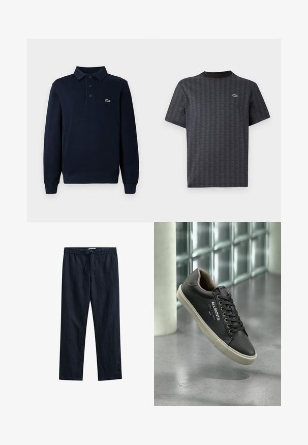 Mørkeblå langærmet polo t-shirt med knaplukning og lille grøn krokodille-logo på brystet.; Sort kortærmet t-shirt med et geometrisk mønster og et grønt krokodille-logo, med en ensfarvet sort rund hals.; Mørkeblå bukser med lige ben, elastisk talje, snor og sidelommer, lavet af letvægtsstof.; Sort AllSaints lædersneaker med hvid sål, sorte snørebånd og logo på siden, hængende over en grå reflekterende gulv.