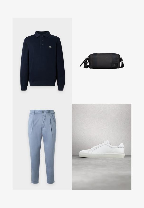Navyblaues Langarm-Polohemd mit Knopfleiste und kleinem grünen Krokodil-Logo auf der Brust.; Himmelblaue, taillierte Hose aus glatt gewebtem Stoff mit flacher Vorderseite, Falten und Knopfverschluss. Verfügt über Seitentaschen und umgeschlagene Säume.; Weißer Sneaker mit glattem Lederobermaterial und niedrigem Profil. Verfügt über eine runde Zehenpartie, sechs Ösen und eine strukturierte Gummisohle.; Kompakte schwarze zylindrische Kulturtasche mit verstellbarem Riemen und Calvin Klein Logo auf der vorderen Aufnäher.