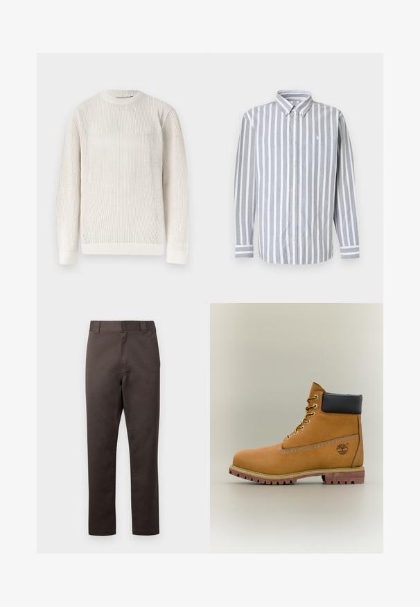 Pull en tricot à manches longues de couleur crème avec un motif en nid d'abeille texturé et un col, des poignets et un ourlet côtelés.; Chemise pour homme à boutons avec rayures verticales grises et blanches, manches longues, et petit logo sur la poitrine. Tissu en coton, col classique.; Chinos en coton marron avec une coupe droite, poches avant, passants pour ceinture, et une texture lisse. Aucun motif ou accent visible.; Bottine en cuir marron avec col noir, lacets jaunes et semelle beige. Présente un logo et des détails de couture blanche. Semelle extérieure à traction robuste.