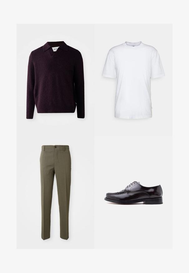 Suéter de punto en púrpura oscuro con escote en V, mangas largas y un acabado texturizado. Presenta un cuello clásico y una etiqueta lateral.; Camiseta de algodón blanca con cuello redondo, mangas cortas y dobladillo recto. Cuenta con una pequeña etiqueta de la marca en la costura lateral izquierda.; Pantalones ajustados color verde oliva con una textura suave, diseño de pierna recta, un botón frontal y bolsillos laterales para mayor funcionalidad.; Zapato de vestir de cuero marrón oscuro con cordones, detalle de puntadas en la puntera y tacón bajo sobre fondo blanco.