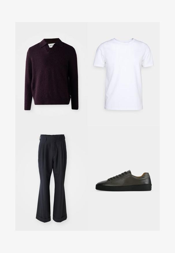 Gebreide trui in donkerpaars met een V-hals, lange mouwen, en een gestructureerde afwerking. Voorzien van een klassieke kraag en zijlabel.; Witte katoenen t-shirt met korte mouwen en een ronde hals. Eenvoudig ontwerp zonder patronen of accenten. Glad textuur.; Zwarte op maat gemaakte broek met een ontspannen pasvorm, geplooide voorkant en brede pijpen. Voorzien van een omgeslagen zoom en een soepele stoftextuur.; Donkergrijze leren lage sneaker met zwarte veters en zool, minimalistisch ontwerp, zijaanzicht op een effen lichte achtergrond.