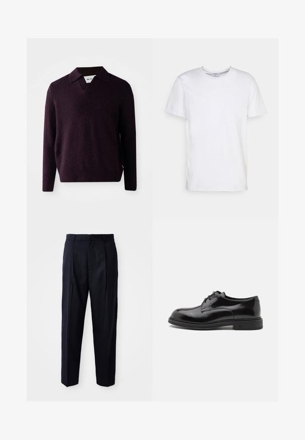 Pull en maille de couleur violet foncé avec un col en V, des manches longues et une finition texturée. Présente un col classique et une étiquette sur le côté.; T-shirt blanc à manches courtes en coton. Il présente un col rond et une coupe décontractée sans motifs ni accents visibles.; Pantalon bleu marine en tissu lisse, avec une coupe décontractée, un devant plissé et une taille standard avec passants de ceinture.; Chaussure habillée en cuir noir avec une finition lisse, bout rond et lacets. Présente une épaisse semelle noire et un détail de couture subtil le long du bord.
