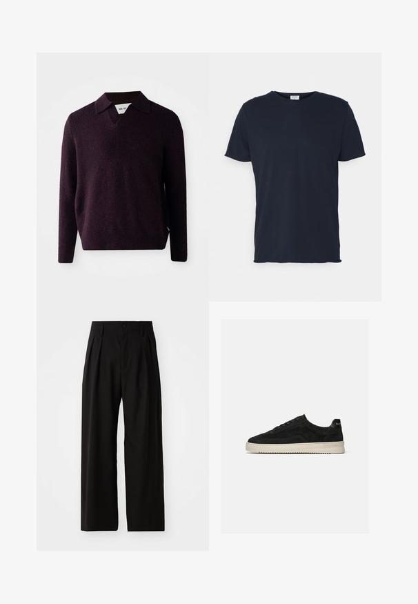 Gebreide trui in donkerpaars met een V-hals, lange mouwen, en een gestructureerde afwerking. Voorzien van een klassieke kraag en zijlabel.; Navyblauwe katoenen t-shirt met ronde hals en korte mouwen, met een gladde textuur en eenvoudig ontwerp, zonder zichtbare patronen of accenten.; Zwarte wijde broek met een gladde textuur, voorzien van twee voorklokken, een knoopsluiting en zijzakken. Duurzaam materiaal.; Zwarte suède lage sneaker met zwarte veters en witte rubberen zool, zijaanzicht op een effen lichtgrijze achtergrond.