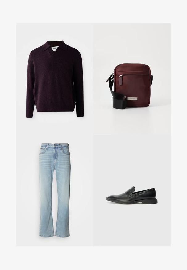 Gebreide trui in donkerpaars met een V-hals, lange mouwen, en een gestructureerde afwerking. Voorzien van een klassieke kraag en zijlabel.; Lichtblauwe denim jeans met een rechte pijp, voorzien van vijf zakken, een knoopsluiting en subtiele vervaging op de stof.; Zwarte leren instappers met een gladde textuur, spitse neus en een lage rechthoekige hak. Kenmerkt zich door een horizontale banddetail over de bovenkant.; Bordeaux schoudertas van gladde stof met hardware in zilvertint, verstelbare zwarte schouderband en een voorzak met rits. Voorzien van een logo-plaatje.