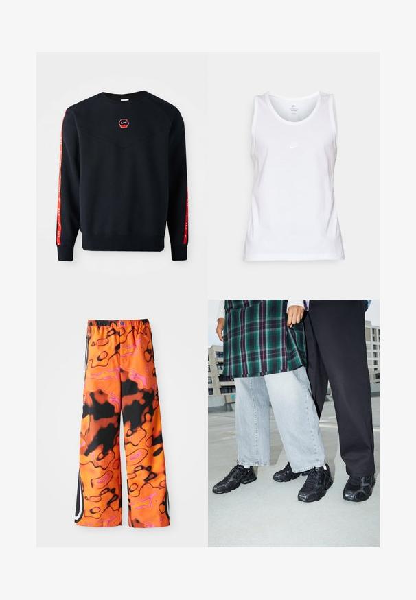 Námornícky sveter s hexagonálnym červeným logom Nike na hrudi. Obsahuje červené akcenty pozdĺž rukávov a textúrovanú, jemnú tkaninu.; Biela bavlnená tielko s okrúhlym výstrihom, bez rukávov a malým tónovým logom Nike vpredu. Hladká textúra.; Voľné nohavice s živým oranžovým, čiernym a ružovým abstraktným vírivým vzorom, elastickým pásom, bočnými prúžkami a gombíkovým zapínaním.; Čierne športové topánky s sieťovinou a gumovými akcentmi. Nosené s svetlošedými širokými džínsami a kockovaným zeleným topom. Pozadie s plochým povrchom.