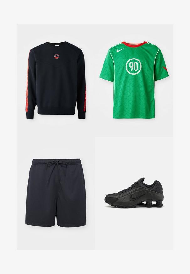 Námornícky sveter s hexagonálnym červeným logom Nike na hrudi. Obsahuje červené akcenty pozdĺž rukávov a textúrovanú, jemnú tkaninu.; Zelené športové tričko Nike s krátkymi rukávmi, bielymi akcentmi, vzorom s bodkami a kruhovým bielym logom "90" v strede. Červený golier.; Čierne atletické šortky vyrobené z textúrovaného, priedušného materiálu; obsahujú elastický pás so šnúrkou pre nastaviteľné prispôsobenie.; Čierne bežecké topánky s hladkým syntetickým zvrškom, perforovanými akcentmi, textúrovanými bočnými panelmi a výraznou pružnou podrážkou.