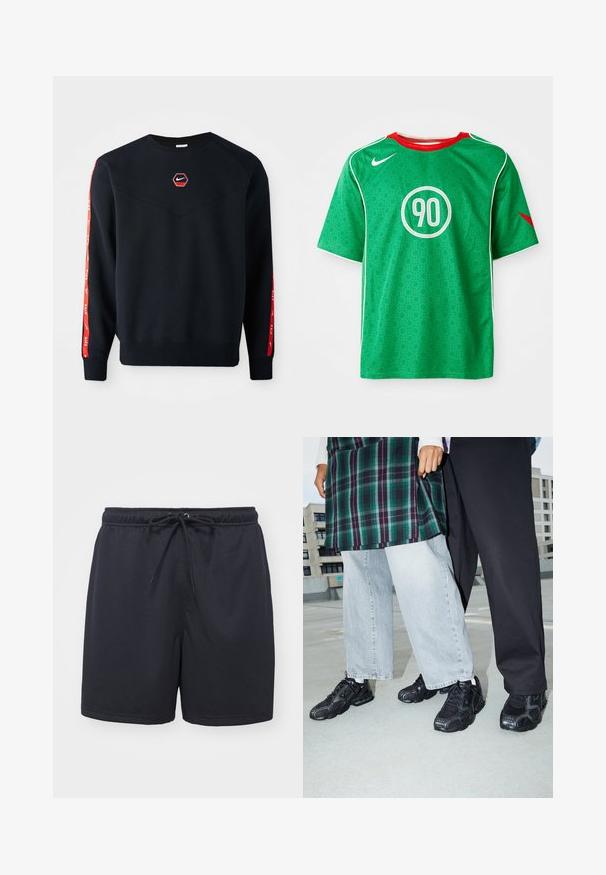 Námornícky sveter s hexagonálnym červeným logom Nike na hrudi. Obsahuje červené akcenty pozdĺž rukávov a textúrovanú, jemnú tkaninu.; Zelené športové tričko Nike s krátkymi rukávmi, bielymi akcentmi, vzorom s bodkami a kruhovým bielym logom "90" v strede. Červený golier.; Čierne atletické šortky vyrobené z textúrovaného, priedušného materiálu; obsahujú elastický pás so šnúrkou pre nastaviteľné prispôsobenie.; Čierne športové topánky s sieťovinou a gumovými akcentmi. Nosené s svetlošedými širokými džínsami a kockovaným zeleným topom. Pozadie s plochým povrchom.