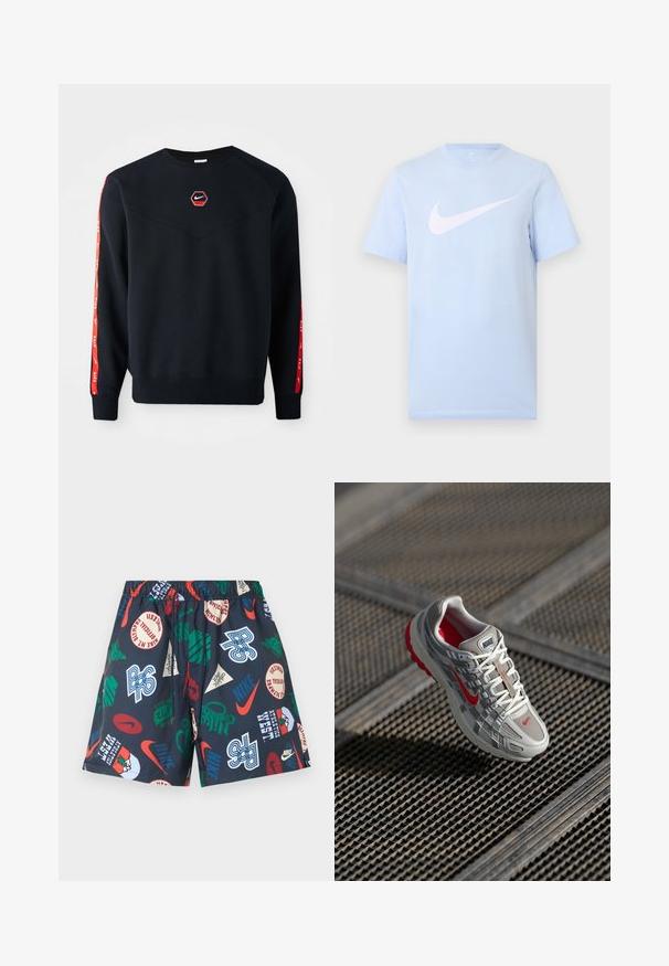 Mørkeblå sweatshirt med et sekskantet rødt Nike-logo på brystet. Har røde accenter langs ærmerne og et struktureret, blødt stof.; Lyseblå T-shirt med korte ærmer og en stor hvid Nike swoosh-logo midt på forsiden mod en ensfarvet baggrund.; Marineblå shorts med elastisk talje, der har flerfarvede Nike-logoer, tekst og grafiske patches i rød, grøn, hvid og blå.; Nike løbesko med en grå mesh-overdel, røde accenter og en tekstureret hvid sål. Snørebåndene er hvide med sølvhardware til stramning.