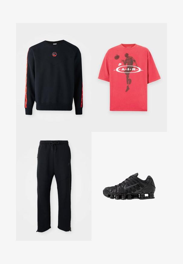 Námornícky sveter s hexagonálnym červeným logom Nike na hrudi. Obsahuje červené akcenty pozdĺž rukávov a textúrovanú, jemnú tkaninu.; Červené bavlnené tričko s okrúhlym výstrihom, voľným strihom a grafickou potlačou basketbalistu s nápisom "Jordan" a logom Nike.; Čierne športové nohavice s elastickým pásom a šnúrkou, majú postranné vrecká, zúžené nohavice a zipsy na členkoch. Hladká textúra.; Čierne športové topánky vyrobené zo sieťoviny a syntetických materiálov, s výrazným vlnitým dizajnom, čiernou gumovou podrážkou a reflexnými prvkami.