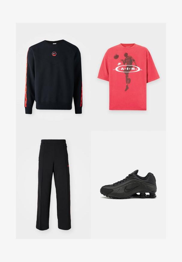 Mørkeblå sweatshirt med et sekskantet rødt Nike-logo på brystet. Har røde accenter langs ærmerne og et struktureret, blødt stof.; Rød bomulds-t-shirt med rund hals, løs pasform og et grafisk tryk af en basketballspiller med teksten "Jordan" og Nike-logo.; Svarte sweatpants med løs pasform, der har røde detaljer og lommer på siderne. Materialet ser blødt ud med en glat tekstur.; Sorte løbesko med en glat syntetisk overdel, perforerede detaljer, teksturerede sidedele og en distinkt fjedrende sål.