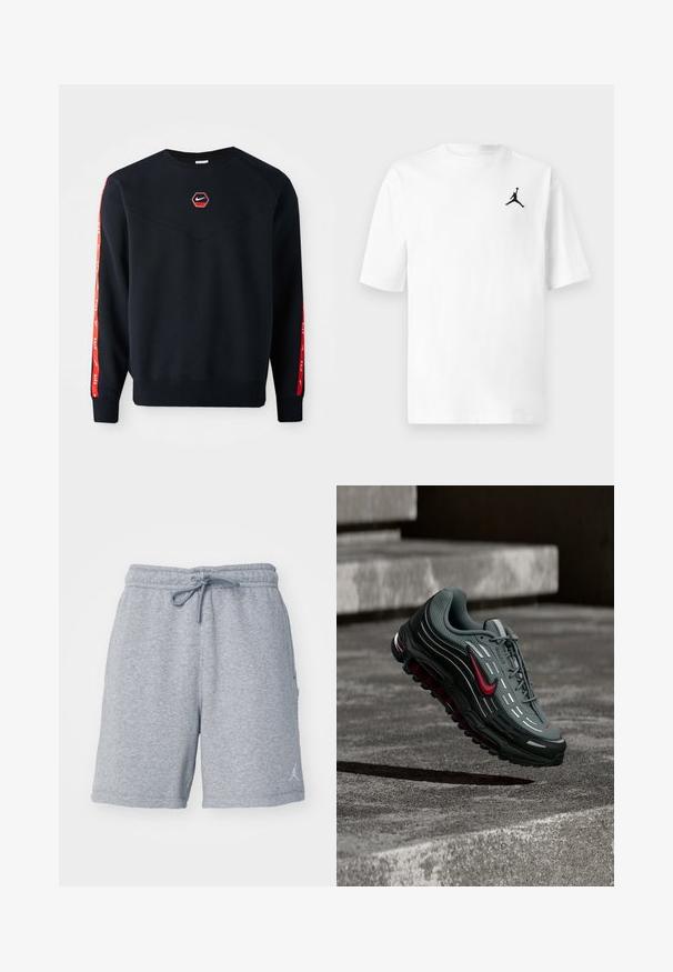 Sudadera azul marino con un logo hexagonal rojo de Nike en el pecho. Presenta detalles rojos a lo largo de las mangas y un tejido suave y texturizado.; Camiseta blanca de algodón con cuello redondo y mangas cortas. Presenta un pequeño logo negro de Jordan en el área izquierda del pecho.; Pantalones cortos de sudadera grises, hechos de una tela suave, con una cinturilla elástica que incluye un cordón y un logotipo sutil en la parte inferior de la pierna izquierda.; Zapatilla deportiva gris y negra con acentos rojos y franjas reflectantes flotando sobre una superficie de hormigón texturizada con escalones al fondo.