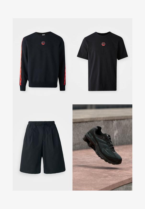 Námornícky sveter s hexagonálnym červeným logom Nike na hrudi. Obsahuje červené akcenty pozdĺž rukávov a textúrovanú, jemnú tkaninu.; Čierne tričko s krátkym rukávom z bavlny, s červeno-bielym šesťuholníkovým logom Nike na hrudi a zaobleným výstrihom.; Čierne šortky s elastickým pásom a nastaviteľným šnúrkovým uzáverom. Vyrobené z hladkej tkaniny, s voľným strihom a bez viditeľných vzorov.; Čierna atletická teniska s viditeľnou medzipodrážkou s air cushioning, ktorá visí nad ružovým kamenným povrchom s pozadím sivej kamennej steny.