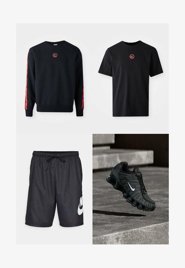 Marineblauer Sweatshirt mit einem hexagonalen roten Nike-Logo auf der Brust. Besondere Merkmale sind rote Akzente an den Ärmeln und ein strukturiertes, weiches Material.; Schwarzes kurzärmeliges T-Shirt aus Baumwolle mit einem sechseckigen roten und weißen Nike-Logo auf der Brust und einem abgerundeten Ausschnitt.; Schwarze Badehorts aus leichtem Material, ausgestattet mit einem elastischen Bund und Kordelzug sowie einem großen weißen Nike-Logo am linken Bein.; Nike Sportschuh in Dunkelgrün, mit einer glatten synthetischen Oberseite, Mesh-Struktur, schwarzen Schnürsenkeln und einer glänzenden Sohle mit Luftpolsterung.