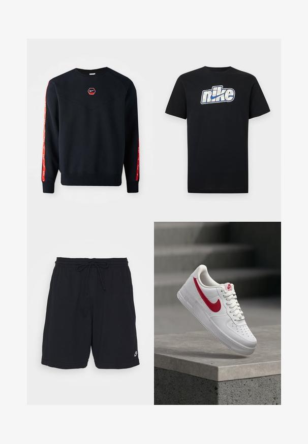 Námornícky sveter s hexagonálnym červeným logom Nike na hrudi. Obsahuje červené akcenty pozdĺž rukávov a textúrovanú, jemnú tkaninu.; Čierne tričko s krátkym rukávom s veľkým bielym a modrým logom Nike a šípkou uprostred na hrudi.; Čierne športové šortky vyrobené z mäkkého materiálu s elastickým pásom, šnúrkou a malým potlačeným logom na dolnej ľavej nohe.; Biely Nike Air Force 1 teniska s červeným logom Swoosh vznášajúca sa nad betónovým lemom a schodmi v pozadí.