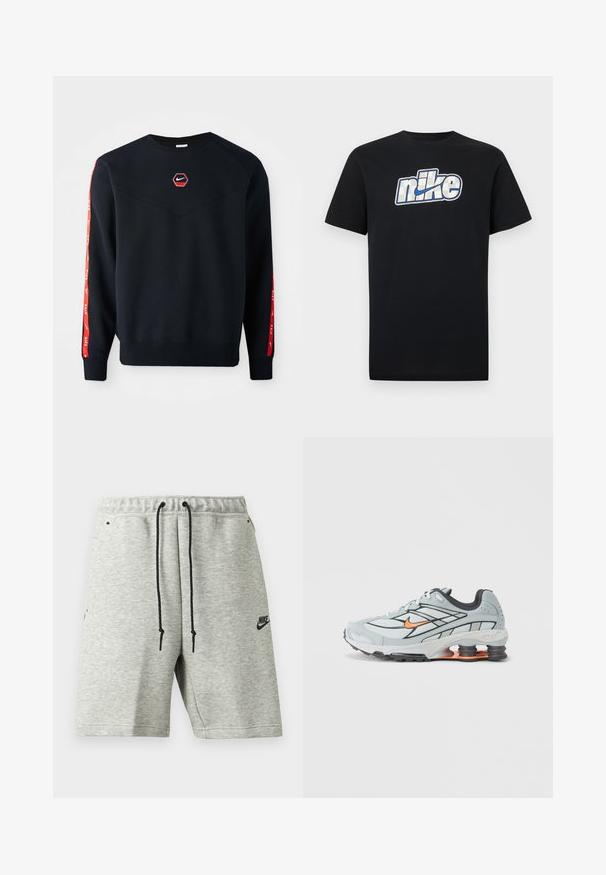 Námornícky sveter s hexagonálnym červeným logom Nike na hrudi. Obsahuje červené akcenty pozdĺž rukávov a textúrovanú, jemnú tkaninu.; Čierne tričko s krátkym rukávom s veľkým bielym a modrým logom Nike a šípkou uprostred na hrudi.; Svetlosivé kraťasy Nike s čiernymi šnúrkami, elastickým pásom, bočnými vreckami a malým čiernym logom Nike na ľavej nohe.; Svetlosivé bežecké topánky s čiernymi detailmi, oranžovým logom, sieťovaným vrchom, polstrovaným golierom a gumovou podrážkou s viditeľnými tlmiacimi jednotkami.