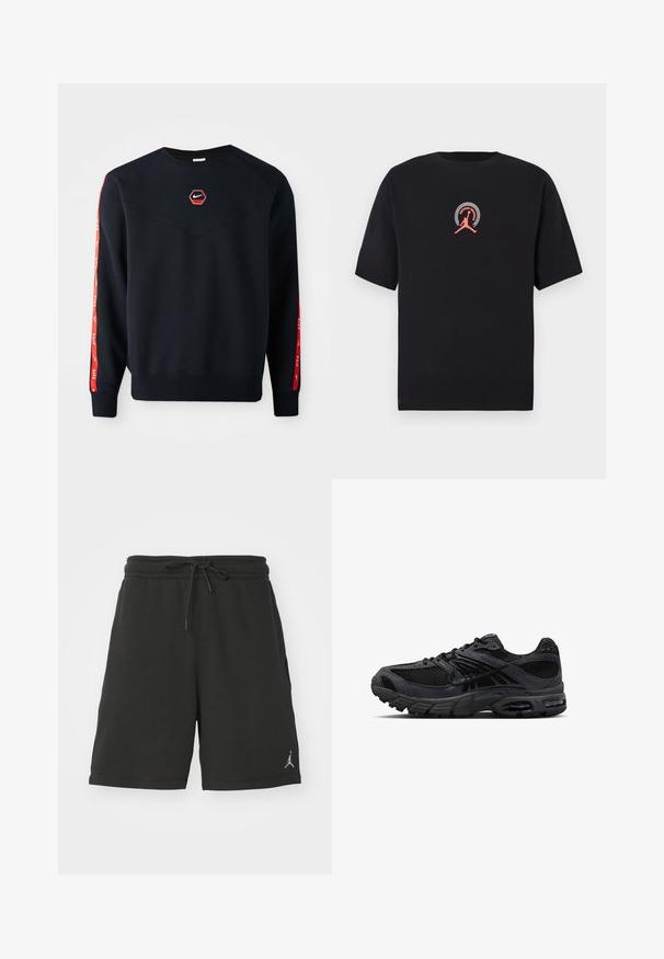 Sudadera azul marino con un logo hexagonal rojo de Nike en el pecho. Presenta detalles rojos a lo largo de las mangas y un tejido suave y texturizado.; Camiseta negra de algodón con un diseño gráfico rojo de una figura saltando y texto circular en el pecho. Mangas cortas, cuello redondo.; Pantalones cortos deportivos negros hechos de una tela suave, con una cinturilla elástica y cordón, bolsillos laterales y un pequeño logo en la pierna izquierda.; Zapatilla de correr Nike en negro y gris oscuro con tejido de malla, superposiciones de ante, suela acolchada y unidades de aire visibles en el talón y la parte delantera del pie.