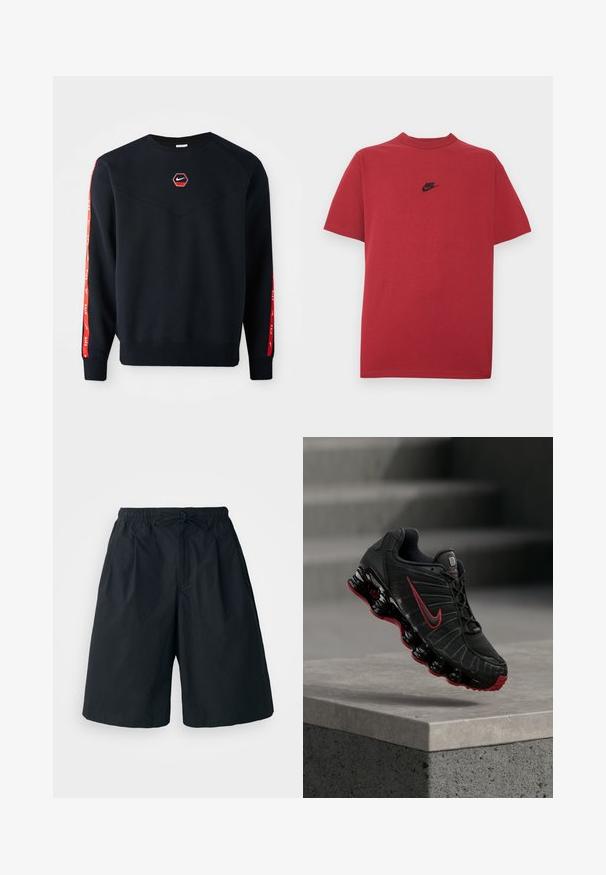 Tumed sweatshirt, millekute punane Nike logo rinnal. Hõlmab punaseid aktsente varrukatel ja tekstureeritud pehmet kangast.; Punane puuvillane T-särk, millel on must Nike'i logo rinnal, lühikesed varrukad, ümar kaelus ja tavapärane lõige. Sile tekstuur.; Mustad mustad, elastse vöökoha ja reguleeritava paelaga. Valmistatud siledast kangast, laheda lõikega ja ilma nähtavate mustriteta.; Must ja punane Nike spordijalats nähtava vedeliku sarnase tallaga, mis tasakaalustab betoonist astme serval.