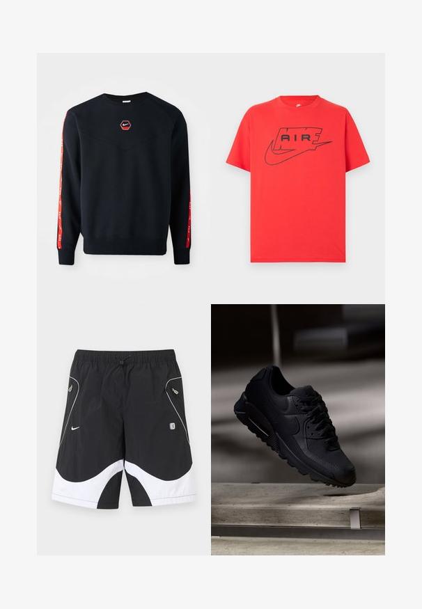Marineblauer Sweatshirt mit einem hexagonalen roten Nike-Logo auf der Brust. Besondere Merkmale sind rote Akzente an den Ärmeln und ein strukturiertes, weiches Material.; Rotes Baumwoll-T-Shirt mit schwarzem Nike-Logo und "AIR"-Schriftzug. Mit kurzen Ärmeln und rundem Halsausschnitt sowie einem legeren Schnitt. Glatte Textur.; Schwarz-weiße Nike-Sportshorts mit elastischem Bund, Kordelzug, seitlichen Reißverschlusstaschen und reflektierendem Besatz an den Vorderpaneelen.; Schwarzer Nike Air Max 90 Sneaker mit einem strukturierten Mesh-Obermaterial, glatten Lederakzenten, gepolstertem Kragen und sichtbarer Luftpolsterung in der Sohle.