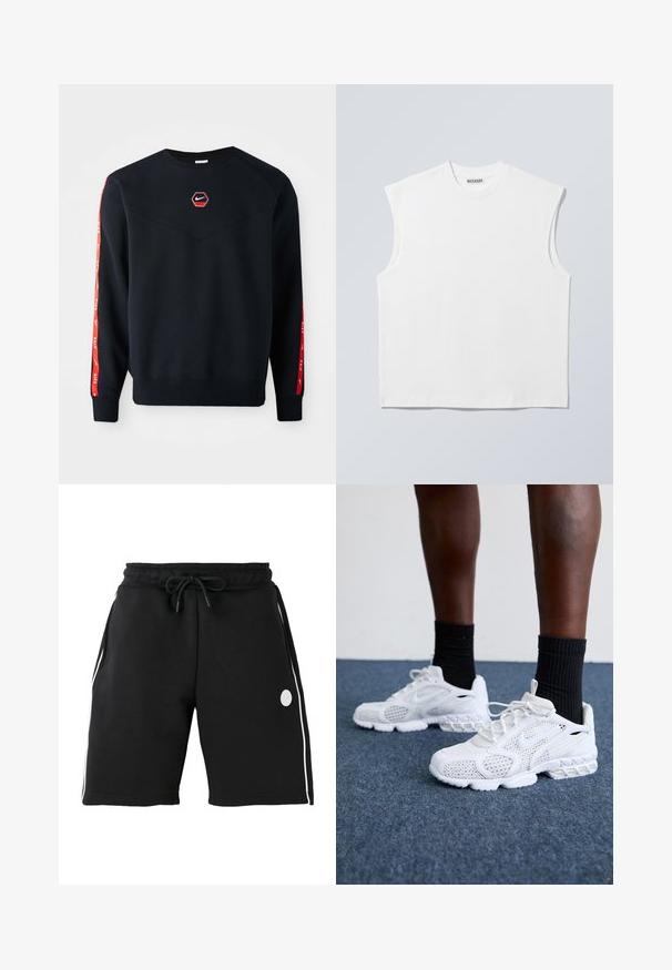 Námornícky sveter s hexagonálnym červeným logom Nike na hrudi. Obsahuje červené akcenty pozdĺž rukávov a textúrovanú, jemnú tkaninu.; Biely bezrukávnik z bavlny s okrúhlym výstrihom a štruktúrovanými ramenami, na štítku na golieri označený značkou "WEEKDAY", zobrazený na svetlosivom pozadí.; Čierne krátke nohavice po kolená s elastickým pásom a sťahovacou šnúrkou, biele vertikálne bočné pruhy a malé kruhové logo na ľavom stehne.; Biele športové topánky s priedušnou sieťovinou, textúrovanými akcentmi a polstrovanou podrážkou. Kombinované s čiernymi rebrovanými členkovými ponožkami na modrom kobercovom povrchu.